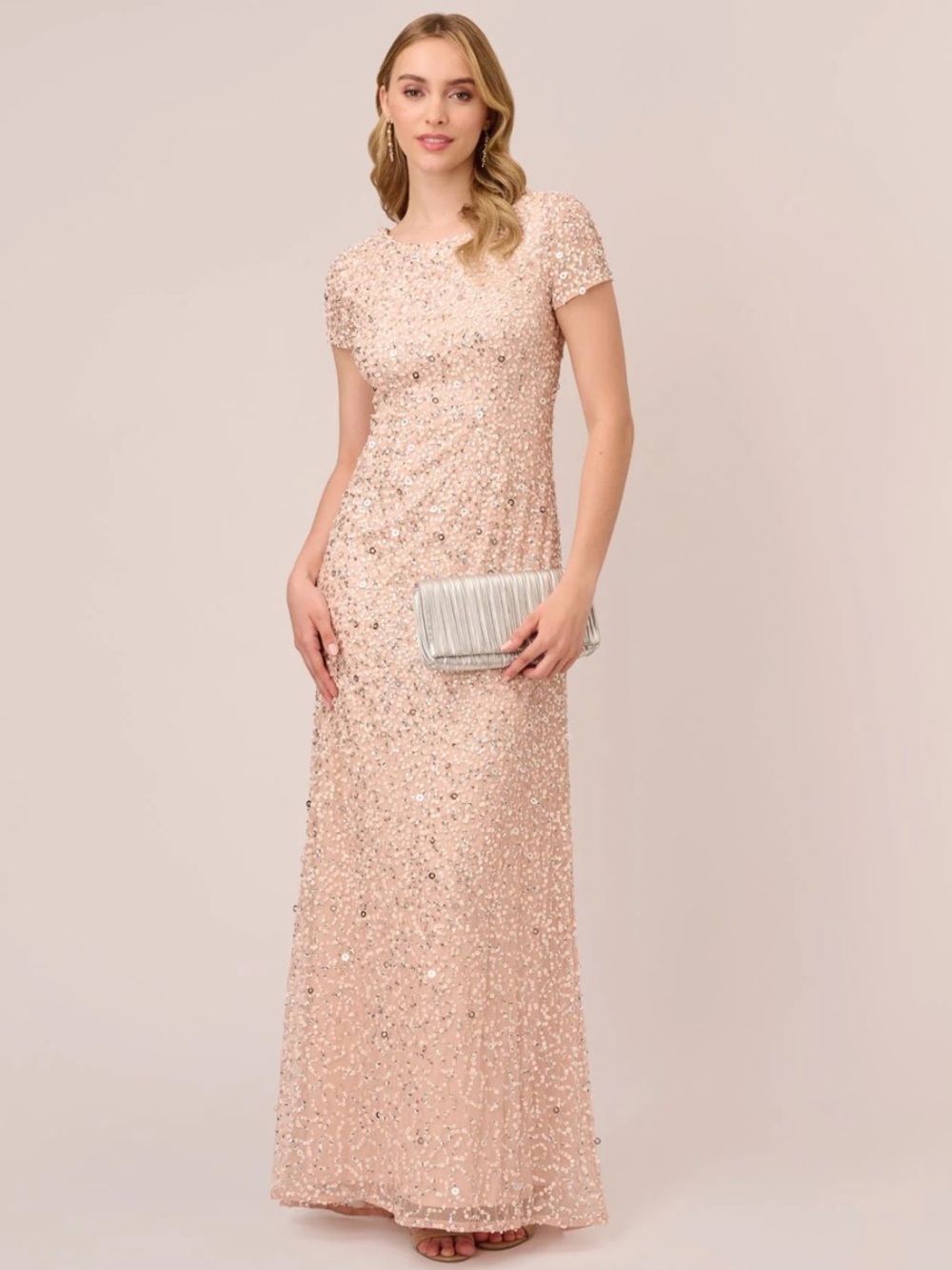NWT Adrianna Papell Scoop Back Blush Pink Sequin Gown Long Dress size 14